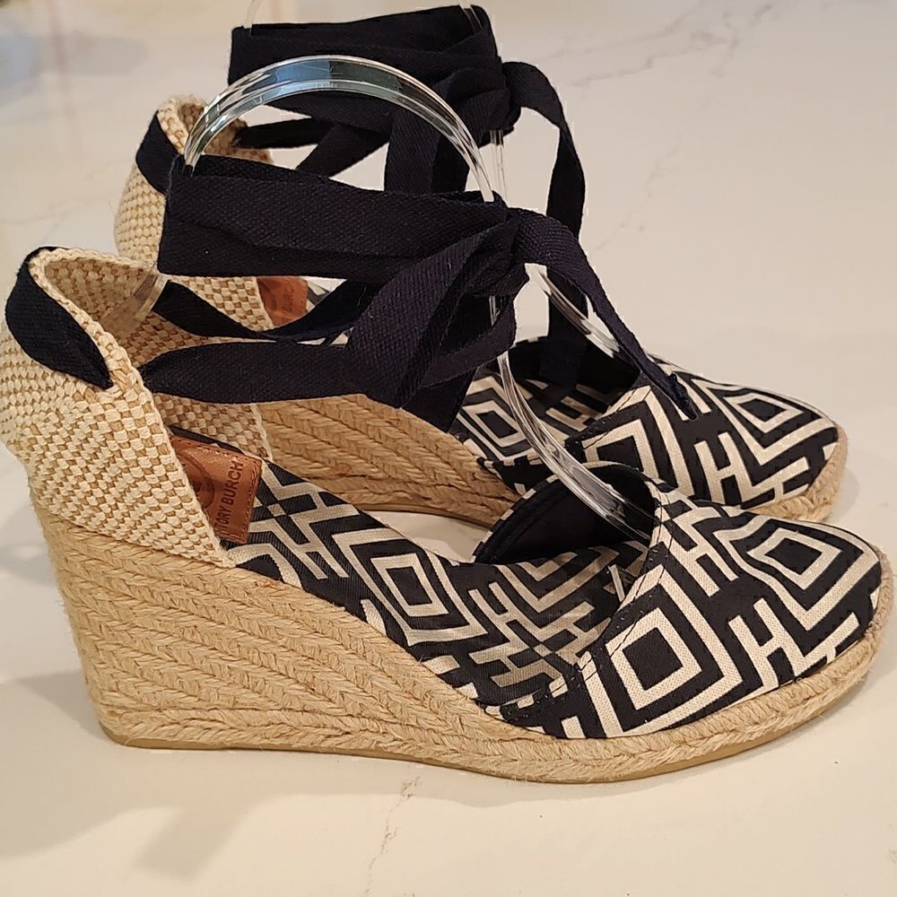 Tory Burch Geo Print Platform Wedge Espadrilles Navy White Boho Sandals